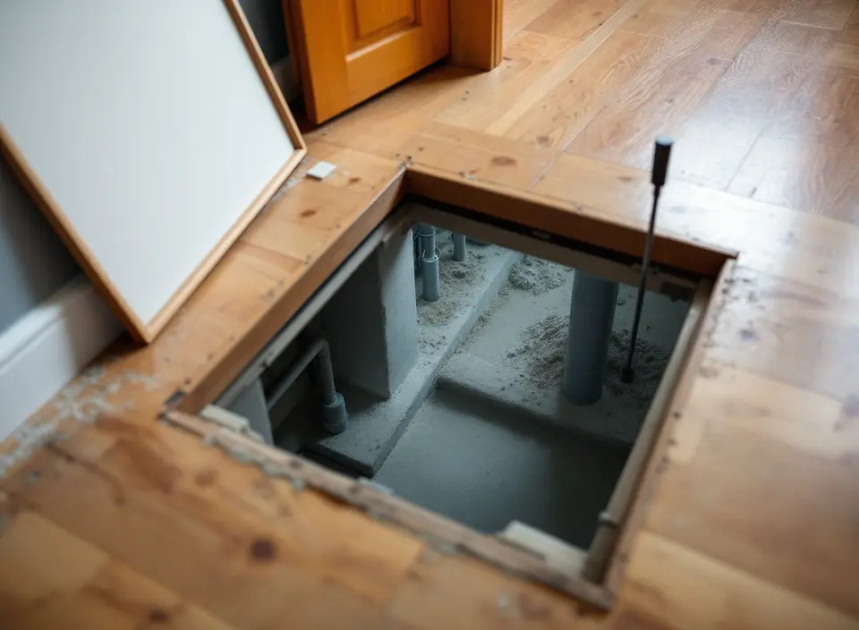 Een open kruipluik in een houten vloer, met zicht op de lage kruipruimte met zand, leidingen en betonbalken