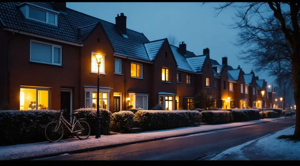 Een rij bakstenen rijtjeshuizen op een koude winteravond, met rijp op de daken en de stoep en warm licht achter de ramen